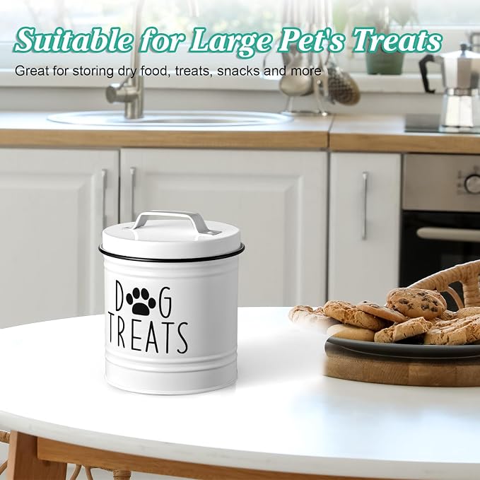 Large Dog Treat Container Airtight - 6.6" Tall X 6" Round White Dog Treat Jar for Kitchen Counter - Rustic Treat Storage Canister for Dogs, Cats, Small Animals - Gifts for Pet Owners