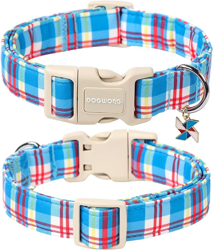 DOGWONG Blue Plaid Dog Collar- Cute Checkered Dog Collars Adjustable Designer Blue Puppy Dog Collar for Small Medium Large Dogs S