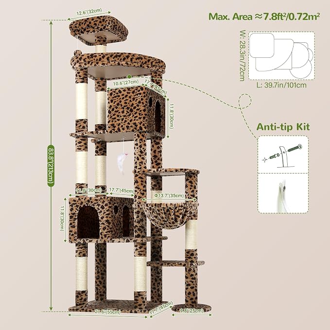 Globlazer Giant Cat Tree for Indoor Large Cats, 83in, F83, Leopard Print | XXL Cat Tower with 9 Scratching Posts for 20lb+ Heavy Duty Large Adult Cats