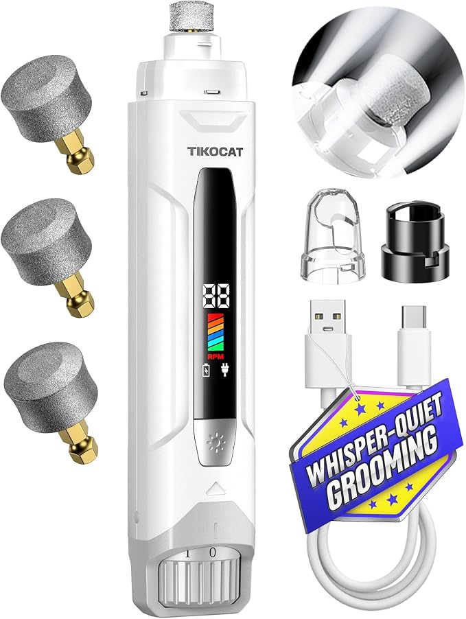 Whisper-Quiet Dog Nail Grinder, 50% More Powerful 6-Speed Pet Nail Trimmer with LED Display & 4 LED Lights, 3 Grinding Bits, No Over-Cutting, Stress-Free Grooming for Dogs, Cats & All Sensitive Pets