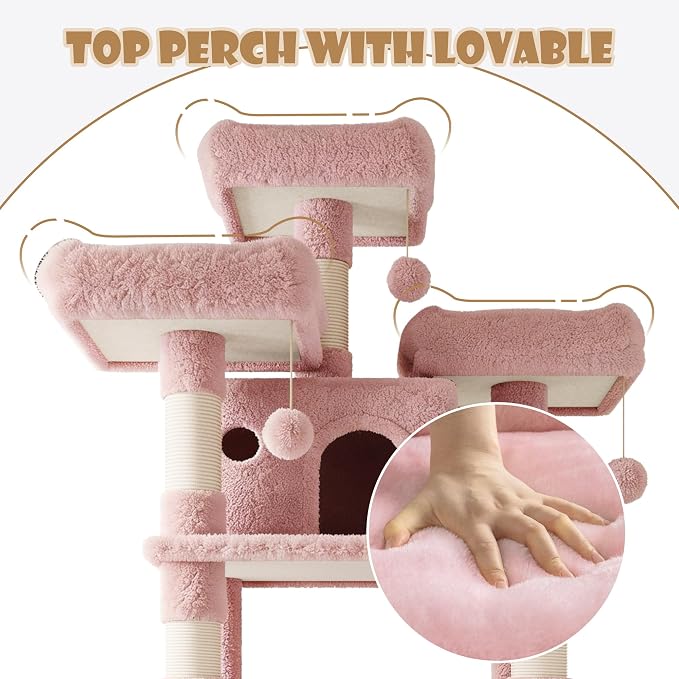 SHA CERLIN 81 Inches Extra Large Cat Tree for Indoor Adult Cats/XXL Big Cat Tower with Condo/Cozy Perches/Sisal Scratching Posts and Hammocks/Activity Center/F80/Heavy Duty/Pink