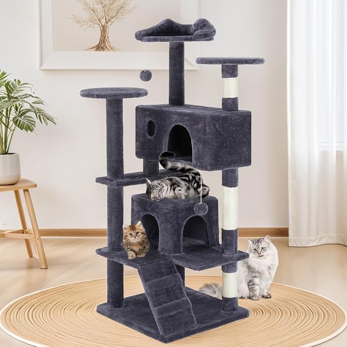54 Inch Cat Tree Tower with Sisal Scratching Posts | Multi-Level Cat Tower with Climbing Ladder, Play Toy Balls House for Indoor Cats, Grey