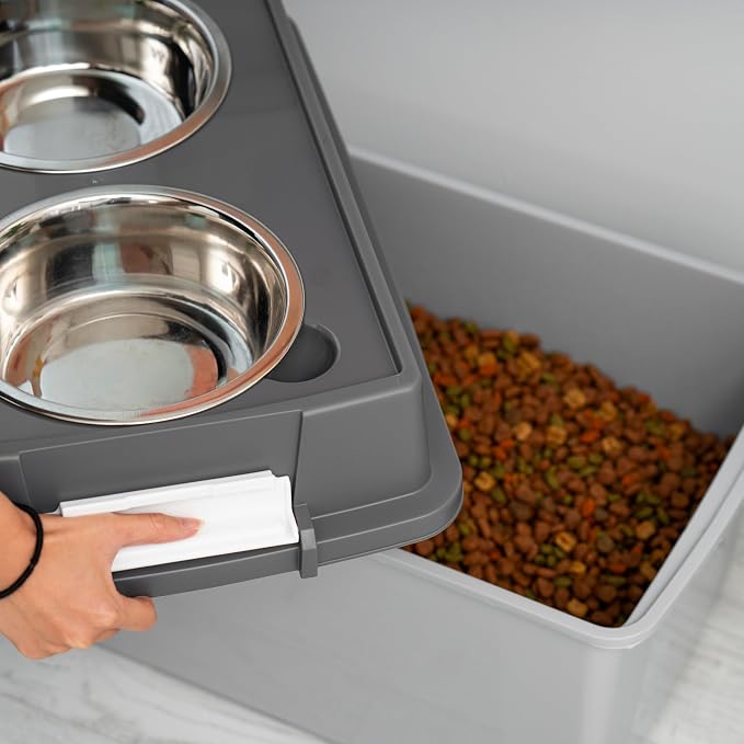 IRIS USA Dog Bowls Elevated with Storage, 15" H Raised Feeding Station, Dog Bowl Stand with Airtight Food Storage Holds 47 lbs, 2 Removable 64 oz Stainless Steel Bowls for Large Dogs, Gray/Dark Gray