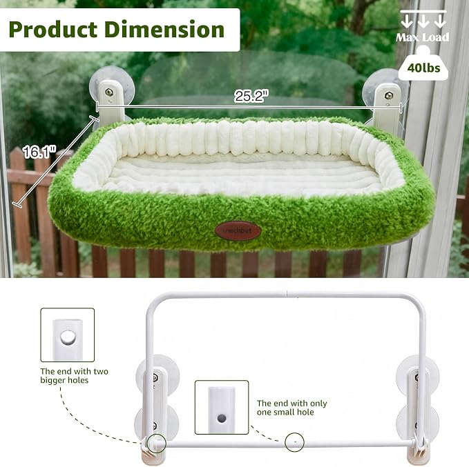 Cat Window Perch，Cordless Foldable Cat Hammock Bed for Window with Solid Metal Frame and Ultra Soft Machine Washable Bed with 4-Sided Bolster, 4 Strong Suction Cups Window Resting Seat