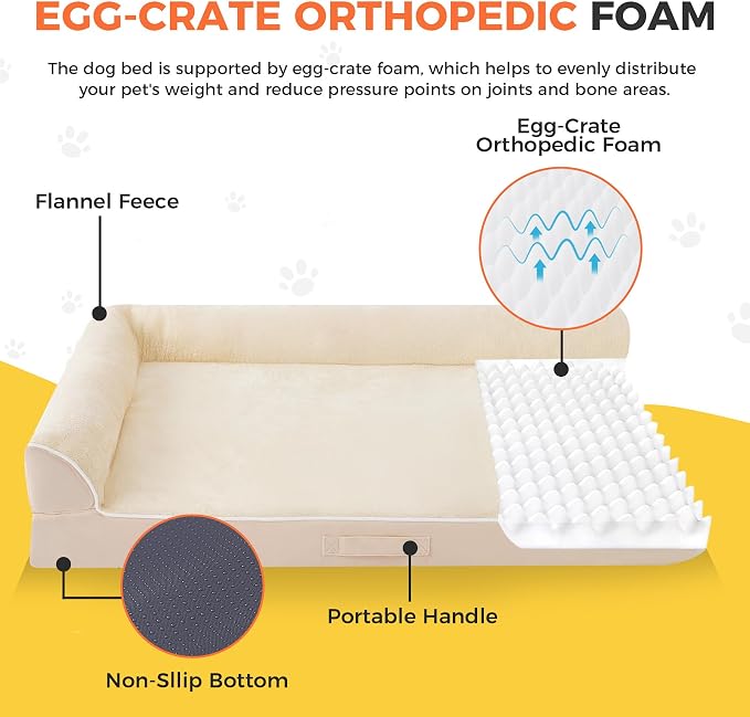 Dog Bed Large Sized Dogs, Orthopedic Dog Bed for Large Dogs, Waterproof Pet Bed with Washable Removable Cover, L-Shaped Pet Couch with Portable Handle 36"x27"x6.5", Beige