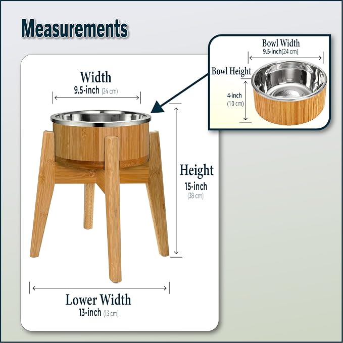 Dog Bowls Elevated, Food Water Bowl for Large Dogs - 15-Inch High - 74oz | Raised Dog Bowl Stand, Stainless Steel and Bamboo, Tipover-Resistant Tall 4 Feet, Doesn't Rust Sag or Bend