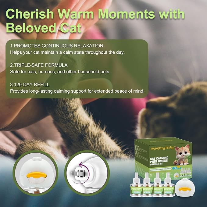 Cat Calming Diffuser Kit: 1 Diffuser + 4 Refills (120-Day Supply) - Professional Cat Pheromones Calming Diffuser for Anxiety Relief - Helps Reduce Scratching, Meowing & Urine Marking (L2)