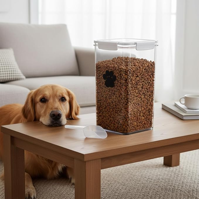6L Dog Food Storage Container,Airtight Pet Food Storage Containers with Buckle-Lock Lids & Spoon,Plastic Cat Food Container,Dog Treat Container for Dog, Cat, Bird Seed - Bright White