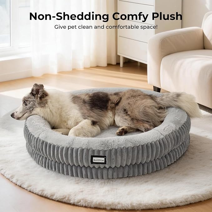 BALANCE Donut Dog Bed, 36 Inches Round Dog Bed Large Size Dogs Washable, Orthopedic Calming Dogs Beds for Kitten, Fluffy Plush Faux Fur Pet Bed with Anti-Slip Bottom
