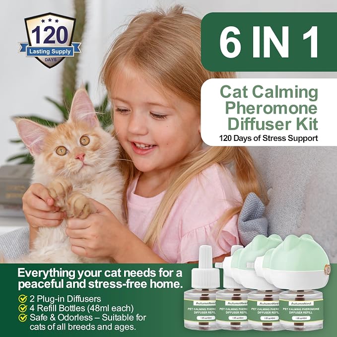 6-in-1 Cat Calming Diffuser Kit, 120 Day Supply, Safe Formula | Calming Pheromone Diffuser for Cats Reducing Fighting, Scratching, Urine, Aggression, Anxiety, Fireworks, Vet Visits, Travel