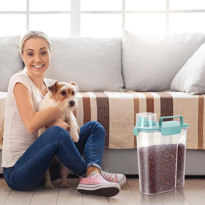 LEAWALK 5-7Lbs Dog Cat Storage Container Portable with Upgraded Large Spout and Cup, Plastic Pet Food Dispenser for Small Animal Kibble, Bird Seed, Oatmeal, Rice, Flour, Brown Sugart- Elegant Blue