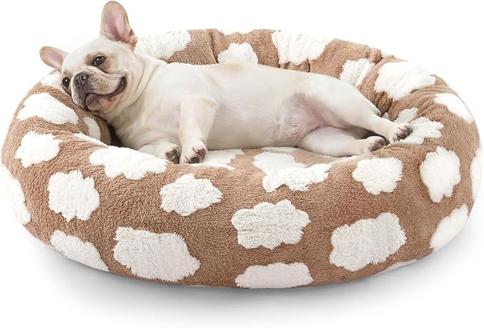 JOEJOY Donut Small Dog Bed, Round Cat Beds for Indoor Cats with Removable Washable Cover, Orthopedic Cute Puppy Kitten Pet Bed with Jacquard Shaggy Plush & Non Skid Bottom, Black