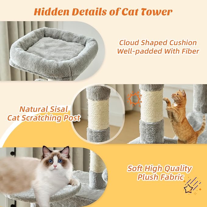 DUMOS 44 Inch Cat Tree Tower with Natural Sisal Scratching Posts | Small Cat Tree with Hammock, Pet Condo for Indoor Cats and Kittens Play, Light Grey