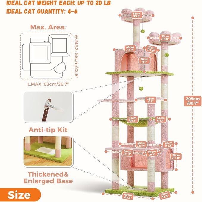 PAWZ Road 81" Flower Cat Tree Large Condo Hammock &2 Perches for Adult Cats | flower shape pink&green, 20"×16" hammock for maine cats, cute cat tower large condos,7 scratch posts & bottom scratcher