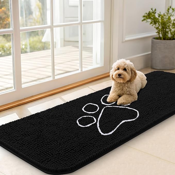 OLANLY Dog Door Mat for Muddy Paws 59x20, Paw Print Design Chenille Mud Mat | Black, Absorbent, Traps Moisture and Dirt, Non-Slip Washable Doormat, Quick-Drying Indoor Entryway Floor Carpet for Dogs