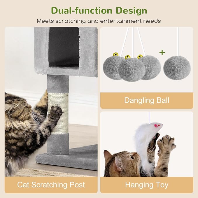 Globlazer Cat Tree Tower for Multiple Adult Cats, 82in, F82, Light Grey | XXL Tall Cat Tree Tower for Indoor Cats with Scratching Post, 3 Perches, 2 Condos, 2 Hanging Baskets