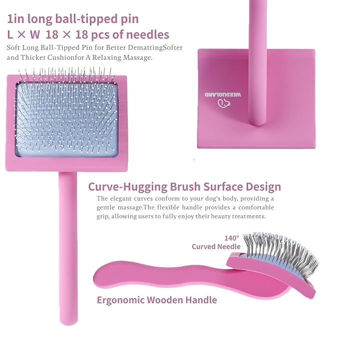 Pink Slicker Brush for Long Haired Dog Wooden Handle Coated Pins | Gently Grooming Slicker Brush, Ergonomic Wooden Handle, Long-Haired Dogs, Long Pins for Grooming Goldendoodles Poodles