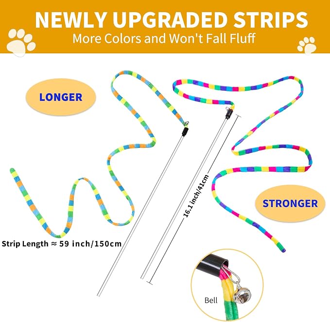 FYNIGO Cat Wand Toys for Indoor Cats, 2 Pack Rainbow Teaser Wand with 55 Inch Plush String, Bell and Sturdy Flexible Pole, Interactive Kitten Toy for Exercise and Chase Play