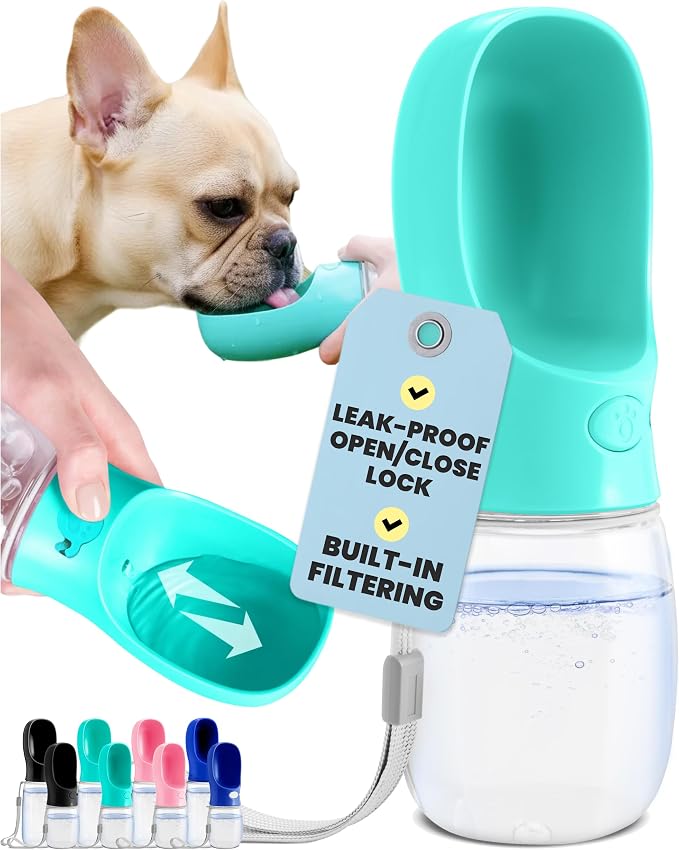 MalsiPree Dog Water Bottle Dispenser - 12 oz Blue, Leak-Proof | 12oz leak-proof bottle - one-hand use - built-in bowl - Use for dog walks, travel, hiking & beach days