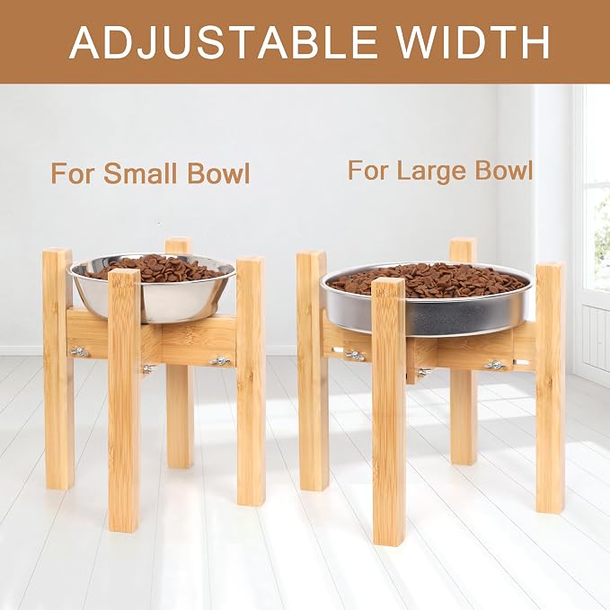 Elevated Dog Bowl Stand Adjustable Dog Food Holder 10”H Medium Bamboo | 10” Elevated Dog Bowl Stand, Medium Dogs, Adjustable, Fits 7”-10” Bowls, Single Bowl Holder, Natural Bamboo, Classic