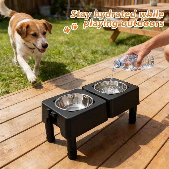 Elevated Dog Bowl Stand, Raised Dog Feeder with Adjustable Height 3.4" to 13.4", Non-Slip Pet Feeding Station Includes 2×27oz Stainless Steel Bowls for Small & Medium Dogs