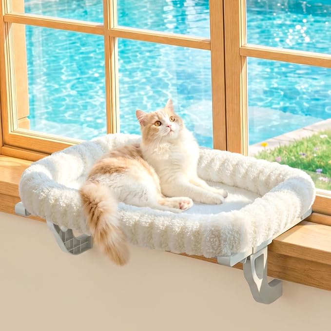 Zakkart Mellow All-Around Cat Hammock for Windowsill, Dual-Mount (Beige, L) | Hook-On or Screw-On Installation, Machine Washable Bed, Heavy Duty ABS & Metal Frame, Support up to 40 lbs.