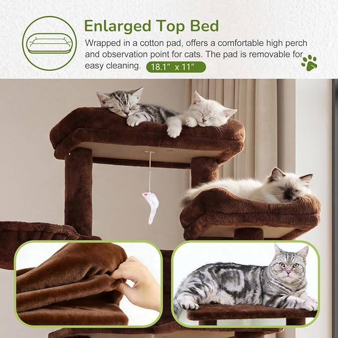 68 Inches Multi-Level Large and Tall Cat Tree Tower for Indoor Cats/Removable Pad/Cat Condo/Sisal Scratching Posts/Hammock/Cat Activity Center/Wide Base