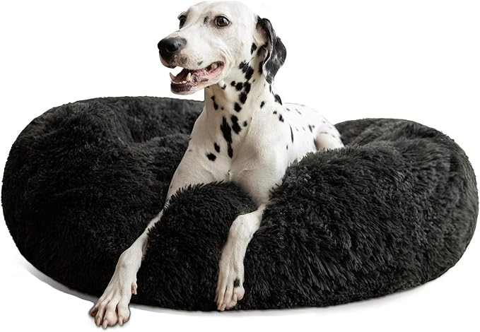 HACHIKITTY Calming Donut Cuddler Dog Bed, Round Fluffy Pet Bed for Large Dogs,Washable, Large, Black, 30''