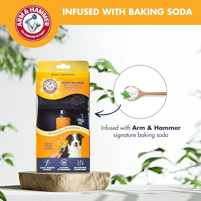 Arm & Hammer Deodorizing Slicker Dog Brush, Sweet Lily & Vanilla, 2-Pack | Fragrance transfer technology, baking soda infused, self-cleaning button, removes loose fur and tangles