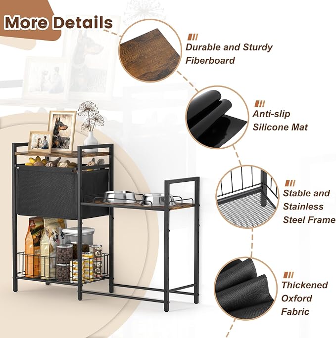 Lomivra Elevated Dog Bowls Stand for X-Large & Large Breed, 7 Adjustable Heights from 2"-22" Raised Dog Feeding Station with Toy Bin Basket, Lifted Dogs Food Bowl Holder Cabinet Pet Storage Organizer