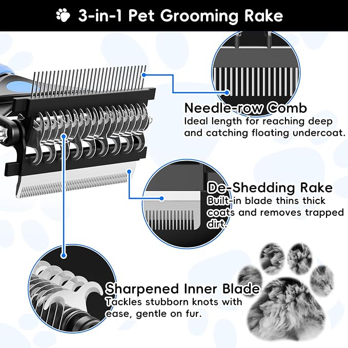 3-in-1 Professional Pet Grooming Brush for Dogs & Cats – Dematting Comb, Undercoat Rake & Deshedding Tool for Long & Short Hair, Heavy Shedding & Matted Fur (Blue)