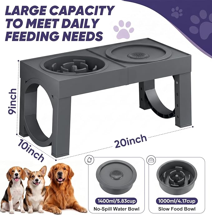 XIAZ Elevated Dog Bowls Large Breed Raised Dogs Bowl Stand Large/Medium Sized Dog Slow Feeder Dogs Bowls Food Water Stands 5 Heights Adjustable 9/11/12/14in Pet Feeder Dish Station
