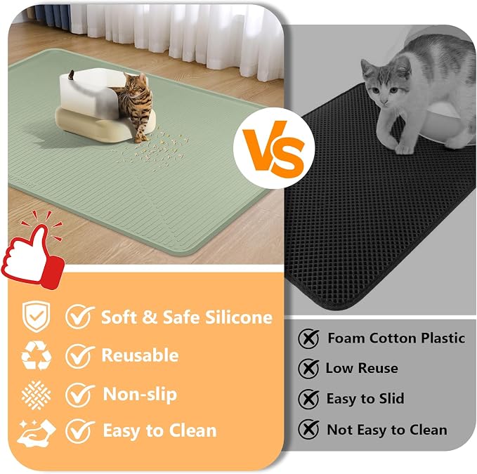Silicone Cat Litter Mat 45" x 30" Cat Mat for Litter Box, Green | Extra Large Cat Litter Trapping Mat for Floor, Waterproof, Non-Slip Kitty Litter Box Mat with Raised Edge, Easy to Clean