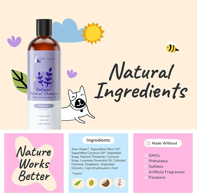 kin+kind Oatmeal Natural Dog and Cat Shampoo - Gentle Oatmeal Clean for Sensitive Skin - Lavender Fragrance - 12 fl oz