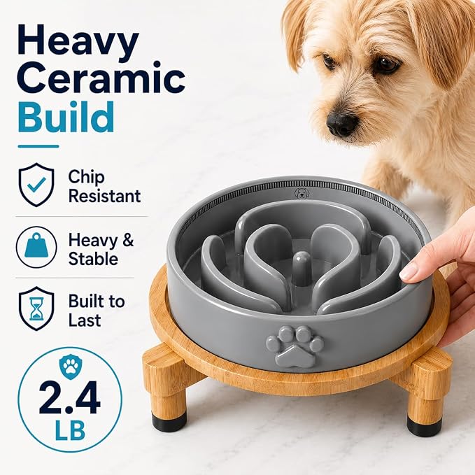 Slow Feeder Dog Bowls – Elevated Dog Bowl Slow Feeder with Bamboo Stand– Microwaveable Dog Slow Feeder for Small and Medium Dogs – Lead and BPA-Free Ceramic Pet Bowl – Pet Feeder for Fast Eaters