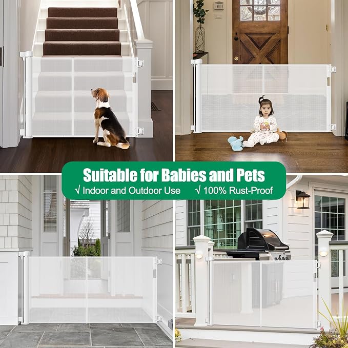 Reinforced 50" Wide Retractable Baby Gates for Doorways, Retractable Dog Gate for Stairs with Support Rods – Prevent Crawling Under, Outdoor Indoor Mesh Baby Gate Retractable Gates for Dogs, White