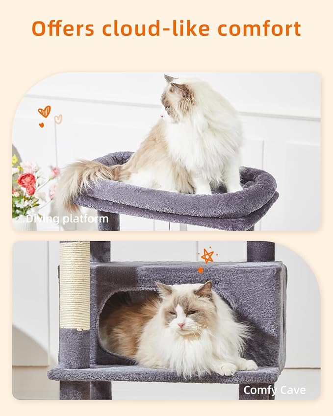 Taoqimiao Cat Tree, 49In Cat Tower for Indoor Cats Large Adult | 2 Luxurious Cat Condos, Thick Padded Top Perch, Adjustable Hanging Baskets, 5 Scratching Sisal Posts, Smoky Gray MS029LG