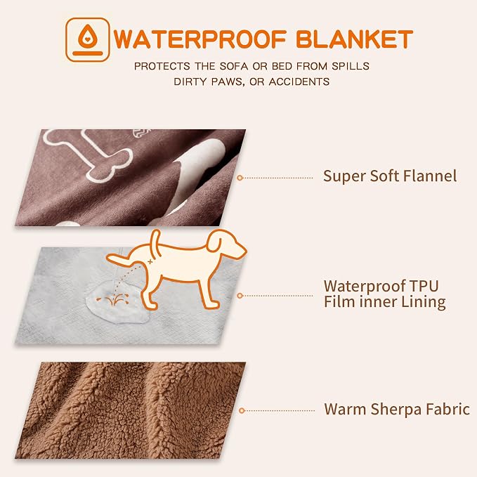 Waterproof Dog Blankets Pet Blanket 50"x60", Soft Fluffy Sofa Car Bed Protector, Reversible Sherpa Fleece Dog Blanket for Large Dogs(Chocolate Brown-Bones)