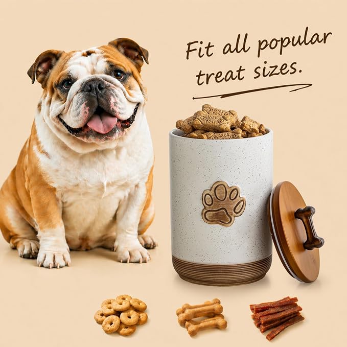 Miamolo Dog Treat Container with Lid, Ceramic Dog Treat Jar Airtight, 8 Cups Dog Food Storage Container for Countertop, Decorative Dog Cookie Jar with Hanlde, Premium Pet Gift, Paw Dotted White