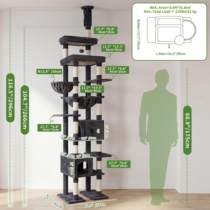 Heybly Floor to Ceiling Cat Tree, 104.7"-116.5" Height-Adjustable HCT92G | Expanded Wide Cat Climbing Tower with Wide Perch, 2 Spacious Cat Condos & 15 Scratching Posts for Indoor Cats, Smoky Gray