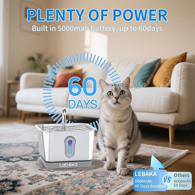 135oz/4L Wireless Cat Water Fountain, [304 Stainless Steel]&[Water and Electricity Separation Safety Design], Pet Fountain for Cats Inside, Easy to Clean for Cats and Dogs (Silver+2Filters)