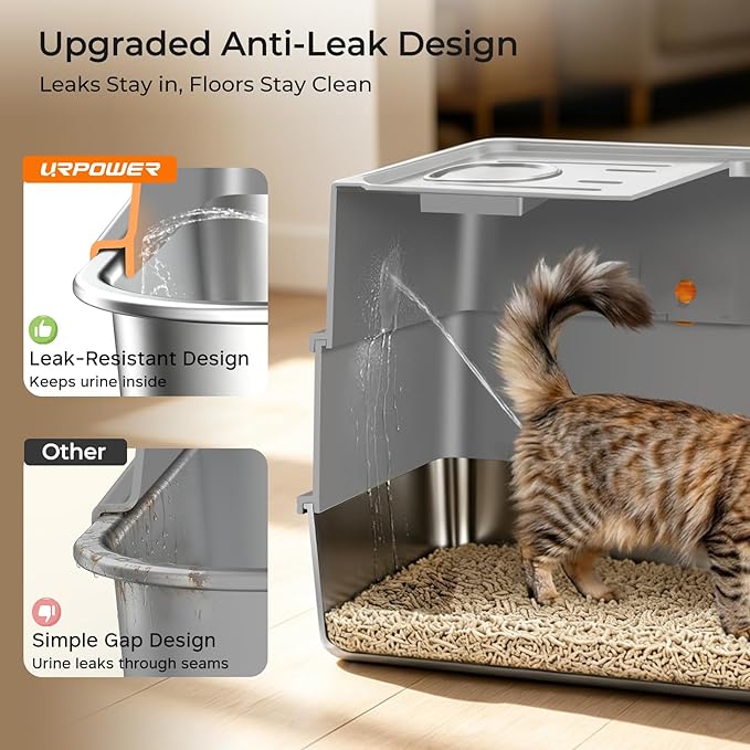 URPOWER Stainless Steel Cat Litter Box for Small Cats, Kitten Litter Box with 180° Flip-Top Lid Enclosed Metal Kitty Litter Box with Mat & Scoop, Odor Free, Non-Sticky, Non-Sticky, Easy Cleaning
