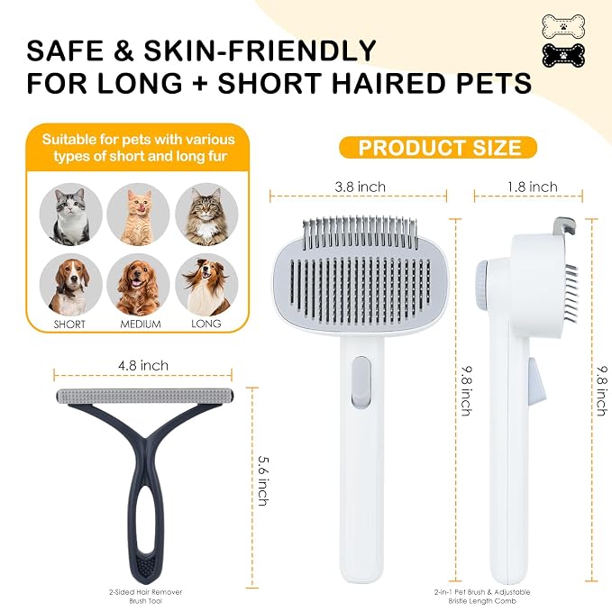 2-IN-1 Pet Self-Deshedding and Grooming Brush for Dogs and Cats | Pet Brush with Undercoat Rake & Adjustable Bristle Length Comb, One-Click Hair Removal for Matted Fur Tangles Long Short Hair