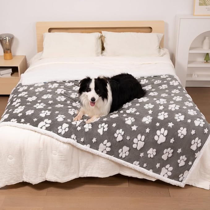 Waterproof Blanket for Dog Cat or Adult, Cute 3D Textured Paw Dog Blanket for Bed Couch Sofa, Soft Liquid Pee Proof Pet Furniture Protector, 60"x80", Grey