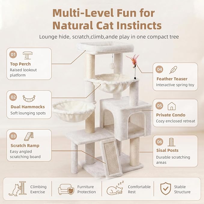 Cat Tree with Cat Condo and Two Hammocks, Cat Tree with Scratching Posts and Scratching Pads, Cat Tower for Indoor Cats, Activity Centre Climbing Tree with Playful Toy Balls, Beige