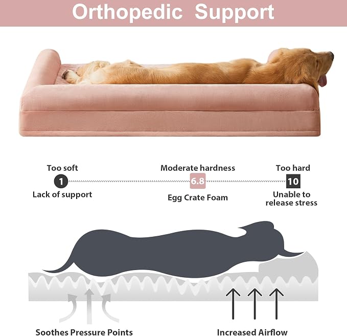 BFPETHOME Orthopedic Washable XXL Dog Bed for Senior Dog Cozy Sleep | Extra Large Waterproof Big Soft Pet Couch Bed for Dogs Relax with Removable Cover Supportive Egg Crate Foam Pink 54x36 Inch