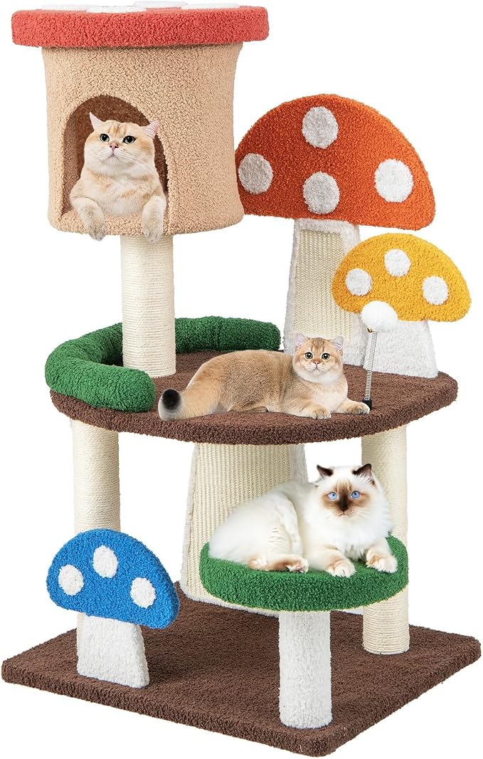 Tangkula Patented Mushroom Cat Tree, Cute Cat Tower with Full-Wrapped Sisal Post, Scratching Board & Spring Ball, Cat Condo, Flower Cat Tree Tower for Indoor Cats Large Adult (40.5 Inch)