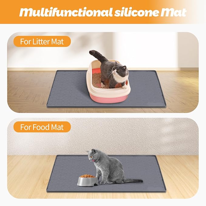 Cat Litter Mat for Litter Box 34"x22" Large Silicone Mat, Dark Grey | Waterproof Non-Slip Litter Box Mat with Raised Edges, Cat Litter Trapping Mat for Pet, Cat Litter Rug for Floor