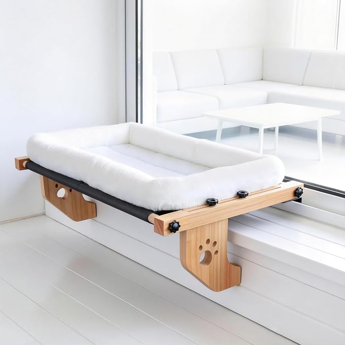 ESPETS Large Cat Window Perch, Kitten Window Hammock for Napping(White) | ESPETS Cat Window Perch with Solid Wood, Sturdy Warm Kittens Hammock, Pet Window Seats, Sleeping & Overlooking & Napping
