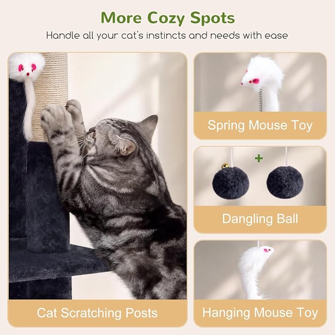 Globlazer Cat Tree Tower for Indoor Cats, 50-inch Adult Cat Tree House for Large Adult Cats with Steps, Scratching Post, 2 Cat Caves, Dangling Toys, FC50, Dark Grey